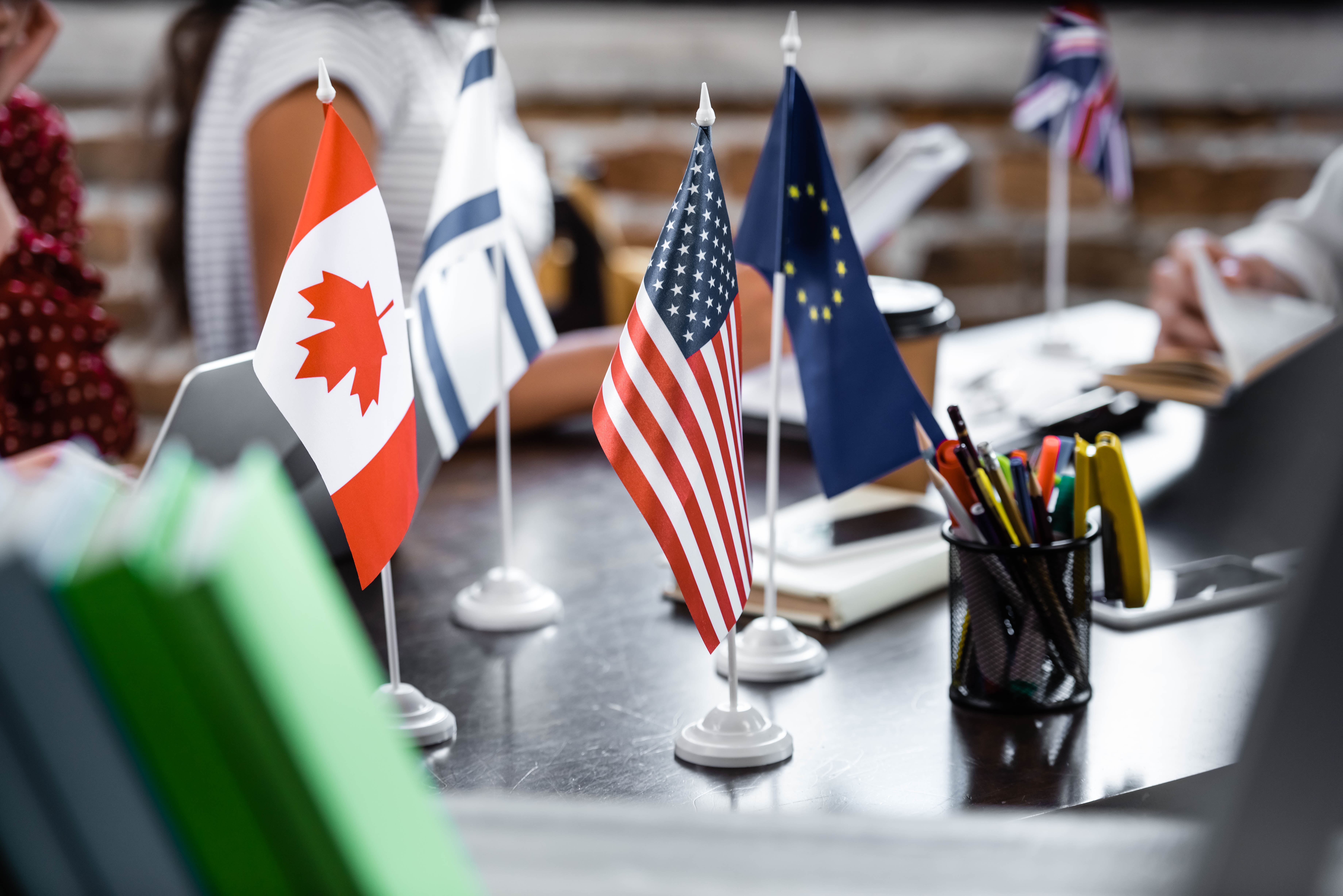 International business meeting with national flags